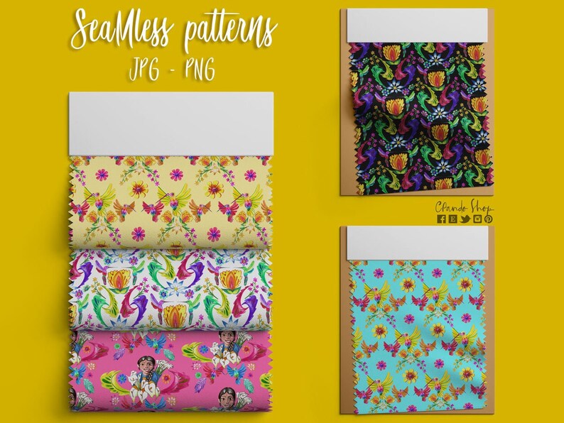 May include: Four seamless patterns featuring colorful hummingbirds, flowers, and geometric designs. The patterns are displayed on fabric swatches and are available in JPG and PNG formats.