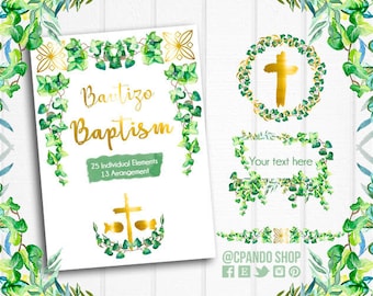 Baptism - First Communion Greenery Clipart, Christening, Holy Cross Baptismal Clipart, , Baptism clipart for Invitation, Boy Greenery
