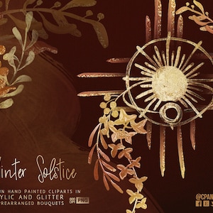 May include: A digital illustration of a winter solstice scene with gold and brown foliage, a sun symbol, and the text "Winter Solstice".