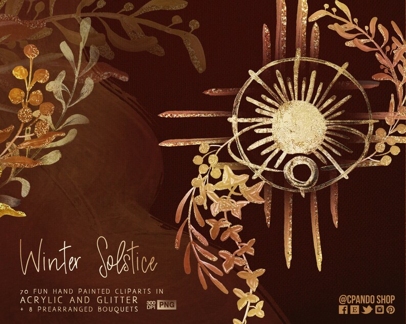 May include: A digital illustration of a winter solstice scene with gold and brown foliage, a sun symbol, and the text "Winter Solstice".