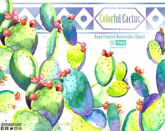 Succulent Green / Purple Watercolor Cliparts, Cactus Clipart, Botanical Cacti Plant, Watercolor Cactus Clip Art Floral, cactus wedding clip