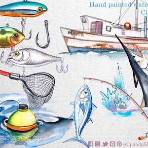 Fishing clipart, Digital clip art, Fishing watercolor illustration, Instant download clipart, Fishing boat, fishing line, watercolor fish