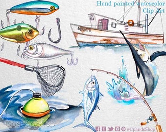 Fishing clipart, Digital clip art, Fishing watercolor illustration, Instant download clipart, Fishing boat, fishing line, watercolor fish