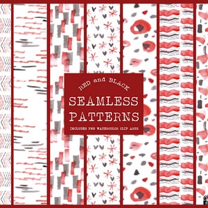 May include: Seven seamless patterns in red and black featuring abstract shapes, lines, and geometric designs.  Red and Black Seamless Patterns. Includes PNG Watercolor Clip Arts.
