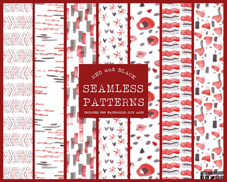 May include: Seven seamless patterns in red and black featuring abstract shapes, lines, and geometric designs.  Red and Black Seamless Patterns. Includes PNG Watercolor Clip Arts.