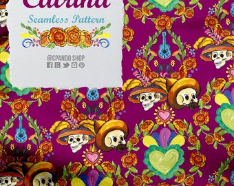 Day of the Dead Seamless Pattern - Catrina, Catrín, and Sacred Hearts -300 dpi JPG file- for mexican fiesta, mexican traditions.