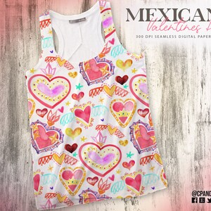 May include: A white tank top featuring a colourful, repeating pattern of hearts, crowns, and stars. The pattern is inspired by Mexican folk art and is ideal for Valentine's Day. The text "MEXICAN Valentines Day 300 DPI SEAMLESS DIGITAL PAPER" is at the top of the image.