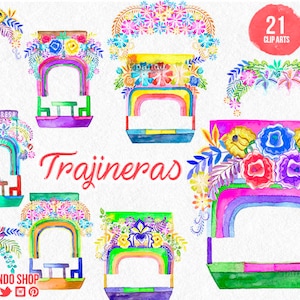 May include: A set of 21 watercolor illustrations of colorful Mexican trajineras, traditional canal boats, decorated with flowers and rainbows. The illustrations are perfect for adding a festive touch to your projects.