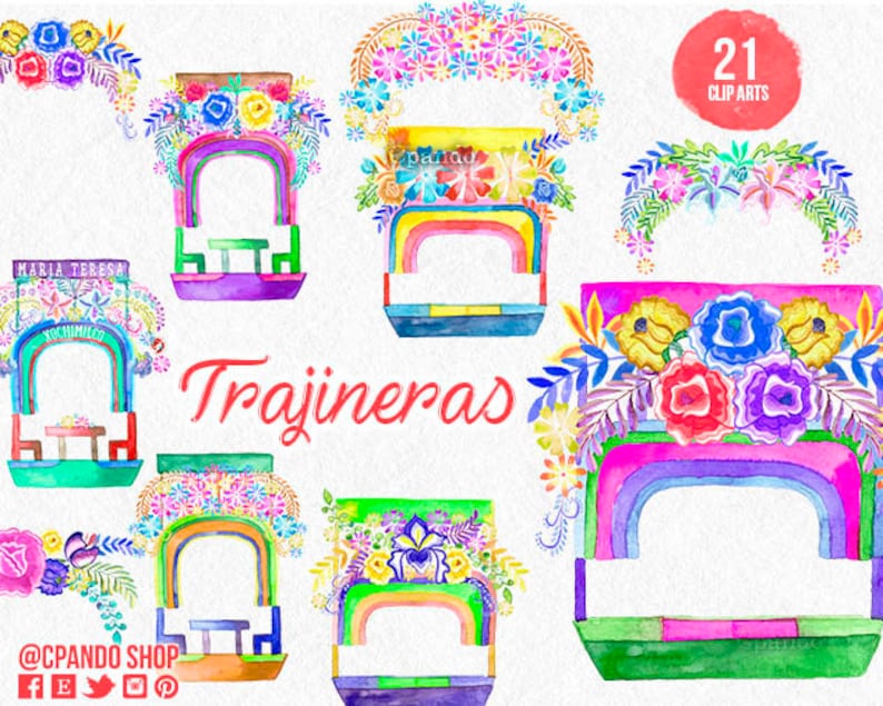 May include: A set of 21 watercolor illustrations of colorful Mexican trajineras, traditional canal boats, decorated with flowers and rainbows. The illustrations are perfect for adding a festive touch to your projects.