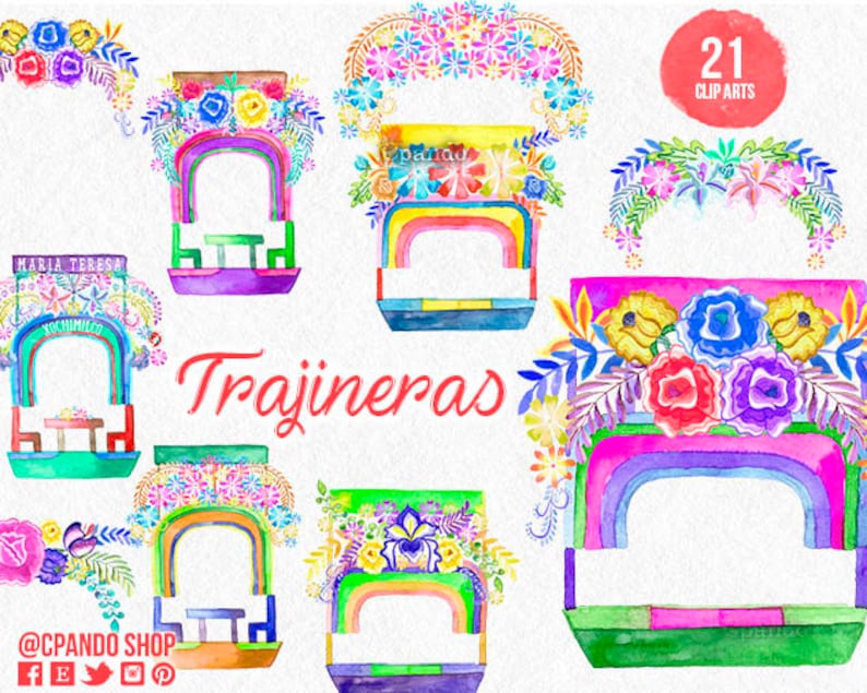 Trajineras, Xochimilco cinco de mayo, mexican fiesta, watercolor clip art, mexico clipart, wedding invitation mexico, fiesta invitation diy image 2