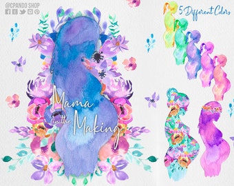 Mama in the making clip art, hand painted prenatal watercolor, baby shower cliprt