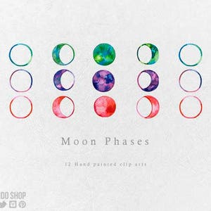 May include: Twelve watercolor illustrations of the moon phases, showing the moon in various stages of fullness. The illustrations are arranged in three rows of four, with the text "Moon Phases" and "12 Hand painted clip arts" below.