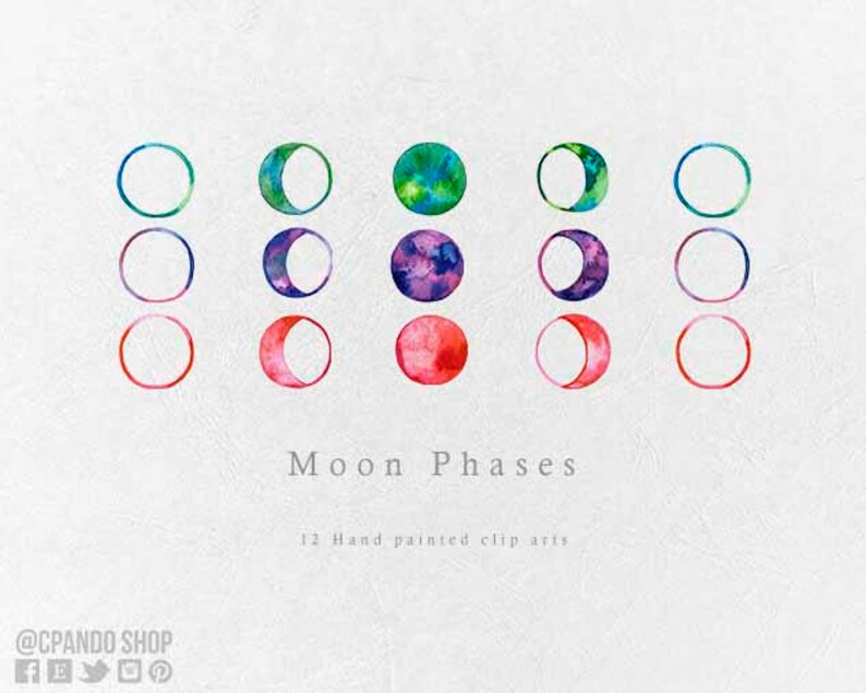 May include: Twelve watercolor illustrations of the moon phases, showing the moon in various stages of fullness. The illustrations are arranged in three rows of four, with the text "Moon Phases" and "12 Hand painted clip arts" below.