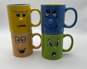 Tazza vintage anni '90 con viso e naso in 3D | Tazza da caffè in gres porcellanato Royal Five Stars | Oggetto da collezione retrò per la cucina con faccine divertenti