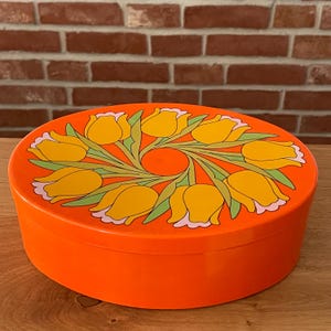 Vintage plastic blik uit de jaren 70 met deksel, Flower Power tulpen.