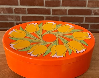 Lata de plástico vintage dos anos 70 com tampa, tulipas Flower Power.
