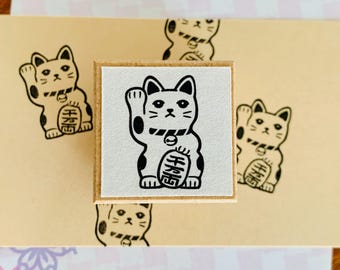 Japanese Maneki Neko Rubber Stamp, Lucky Cat Stamp