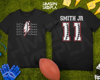 Personalized Football Let's Go Titans Lightening Bolt Tee - You Choose Player, and Number - Made to Order