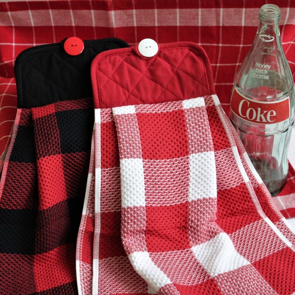 Black and Red Plaid, Red and White Plaid Hanging Kitchen Towel, Buffalo Check, MrsMikes Pleated Towels