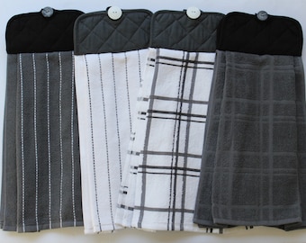 Gray Plaids and Stripes Hanging Kitchen Towel, MrsMikes Pleated Double-sided Hand Towel, Potholder Top With Button