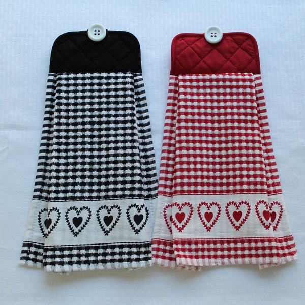 Gingham and Hearts Hanging Kitchen Towels, Double-sided Hand Towel, Valentine's Day, Cackleberry Home