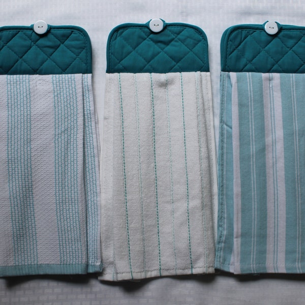 Clearance! Aqua Stripes Hanging Kitchen Towel, Double-sided Hand Towel, Potholder Top With Button, Oven Towel