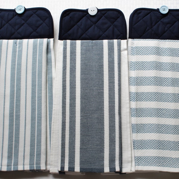 Striped Blue and White Hanging Kitchen Towel, Double-sided Hand Towel, Potholder Top with Button, Oven towel