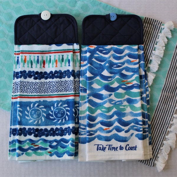 Sun, Sand and Surf Hanging Kitchen Towel, Double-sided Hand Towel, Potholder top with button, Oven towel, Stove towel