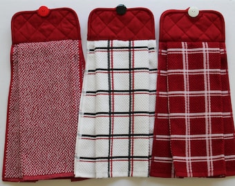 Red Tweed and Red Plaid Hanging Kitchen Towel, Double-sided Hand Towel, Oven Towel