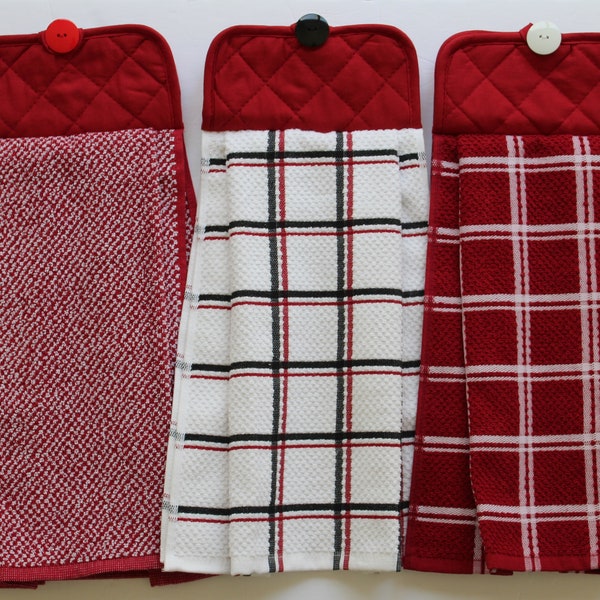Red Tweed and Red Plaid Hanging Kitchen Towel, Double-sided Hand Towel, Oven Towel