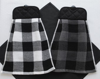 Gray and Black and Black and White Buffalo Check Hanging Kitchen Towel, Double-sided Hand Towel with Button