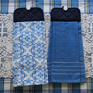Blue and Floral Hanging Kitchen Towels, Double-sided Hand Towel, Oven Towel