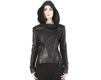 Handmade Lambskin Leather Hooded Jacket: Asymmetrical Zip, Silk Lined - DOVETAIL HOODY by Haus of Sparrow