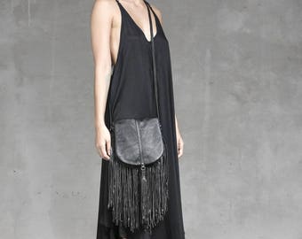 Black Lambskin Fringe Bag: Leather Hip Bag with Silk Lining - HEATHER FRINGE BAG