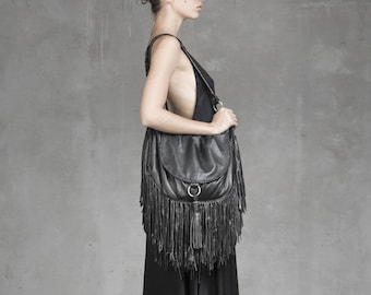 BOHEMIAN FRINGE BAG - Black Leather Bag - Side Tassle - Silk Lining - Travel Bag -  Women Purse Haus of Sparrow - Designer Monica Wallway