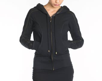 BENGAL HOODIE - Women's Hoody Jacket - Black Hoodie, Silk Lining, Hand Cast Zip Pull, Leather Trim - Haus of Sparrow - Maker: Monica Wallway