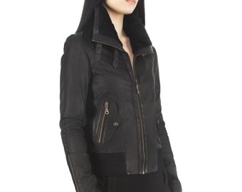 PUMA 2 - Women's Leather Jacket - Black Lambskin, Shearling Collar, Silk Lining, Hand Cast Brass Button - Haus of Sparrow - Monica Wallway