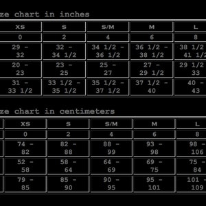 May include: A size chart for women's clothing, showing measurements in inches and centimeters for bust, waist, and hips. The chart includes sizes XS, S, S/M, M, L, and XL.