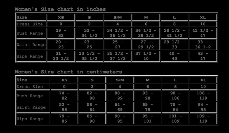 May include: A size chart for women's clothing, showing measurements in inches and centimeters for bust, waist, and hips. The chart includes sizes XS, S, S/M, M, L, and XL.