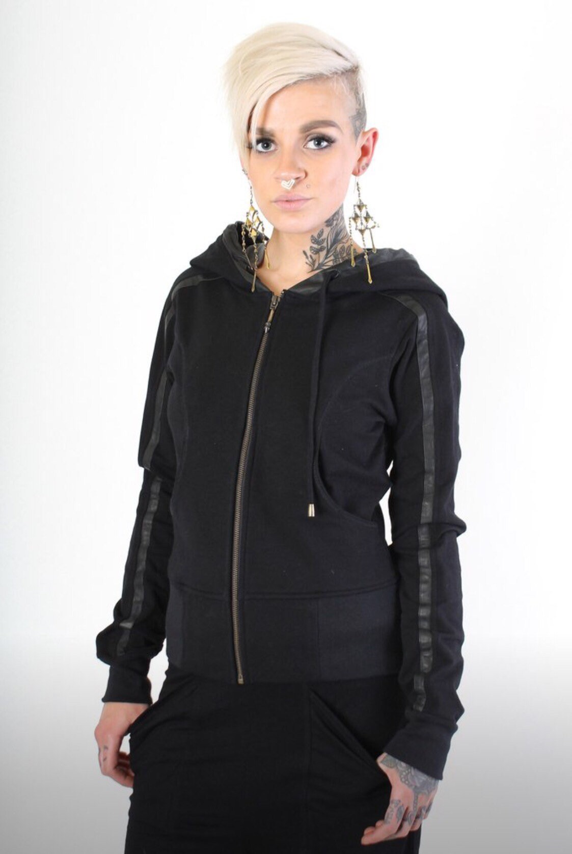 BENGAL HOODIE - Women's Hoody Jacket - Black Hoodie, Silk Lining, Hand Cast Zip Pull, Leather Trim - Haus of Sparrow - Maker: Monica Wallway