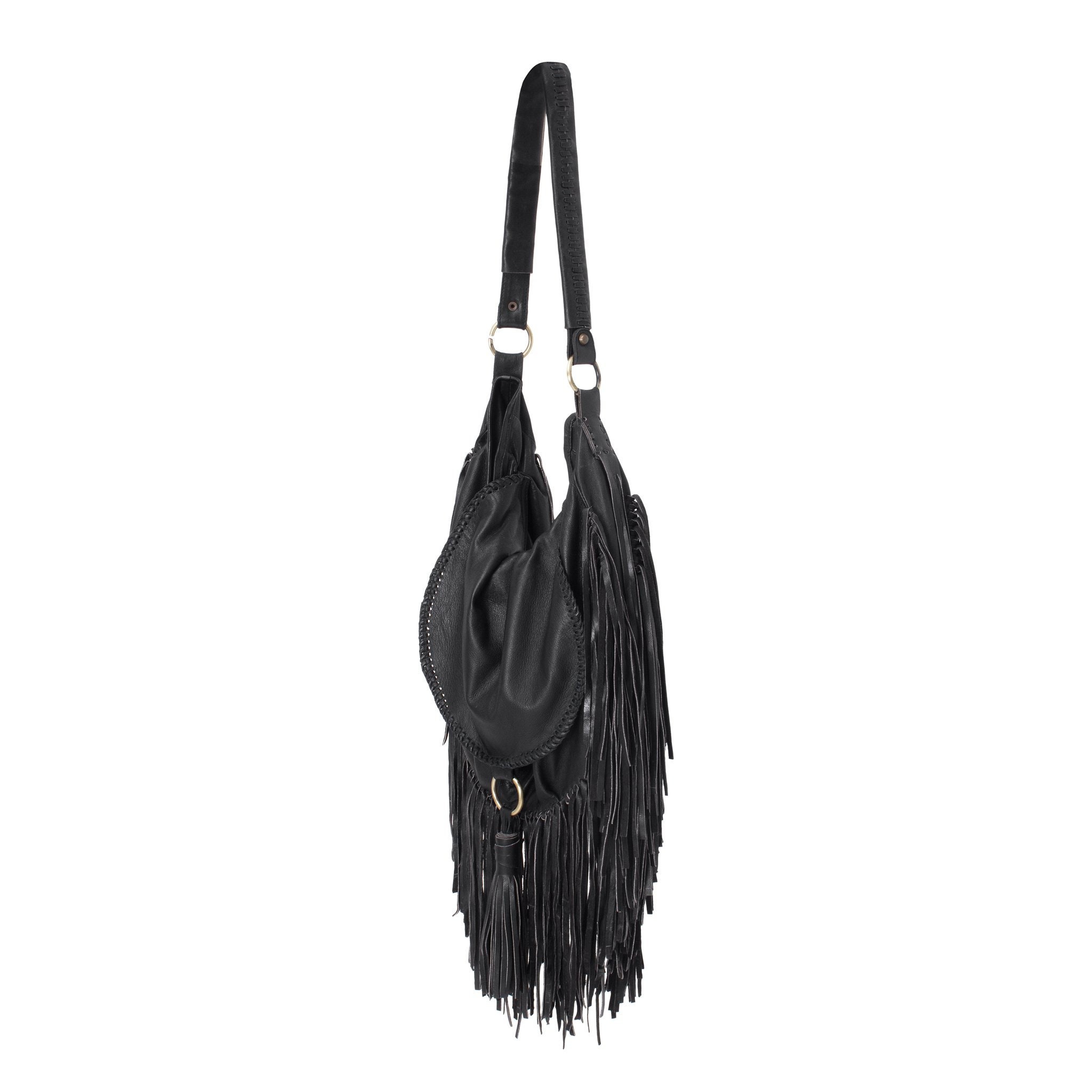 BOHEMIAN FRINGE BAG Black Leather Bag Side Tassle Silk Lining Travel ...