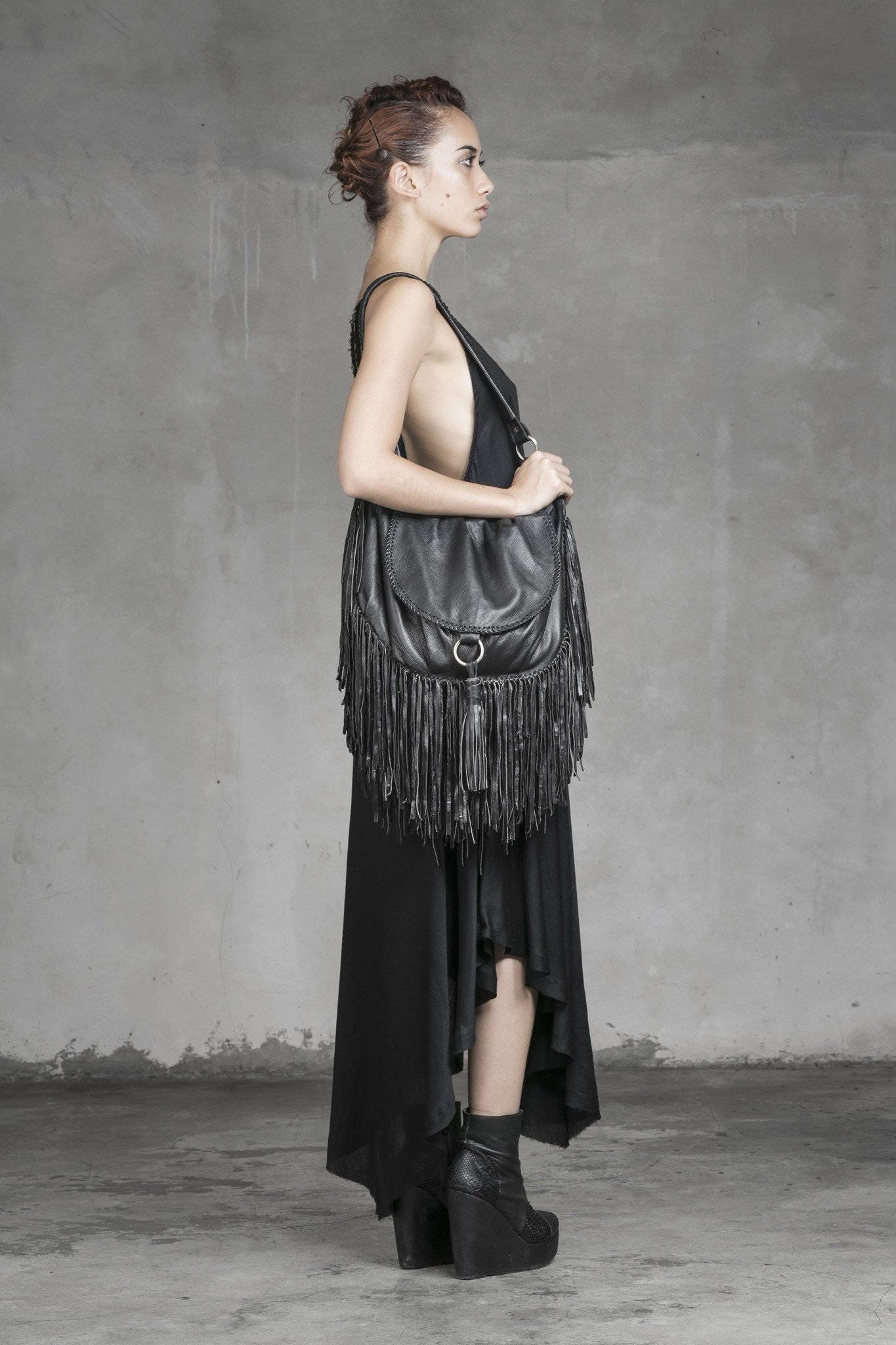 BOHEMIAN FRINGE BAG - Black Leather Bag - Side Tassle - Silk