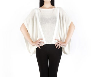 V WHITE - Women's Net Top With Leather Stripes - Hand Knit Mesh Sweater - Lambskin Collar - Haus of Sparrow - Designer Monica Wallway
