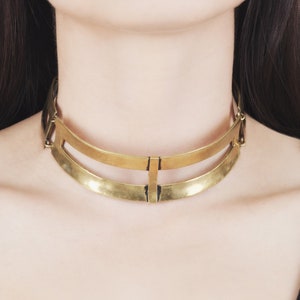 CROSS COLLAR Brass Choker Haus of Sparrow Designer Monica Wallway Yellow brass