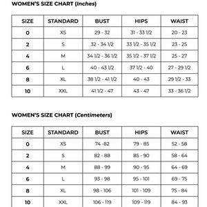 Puede incluir: Una tabla de tallas para mujer en pulgadas y cent&iacute;metros. La tabla incluye tallas de la 0 a la XXL, con medidas de busto, cadera y cintura. Las medidas en cent&iacute;metros var&iacute;an de 74 cm a 119 cm para el busto, 79 cm a 119 cm para la cadera y 52 cm a 93 cm para la cintura.