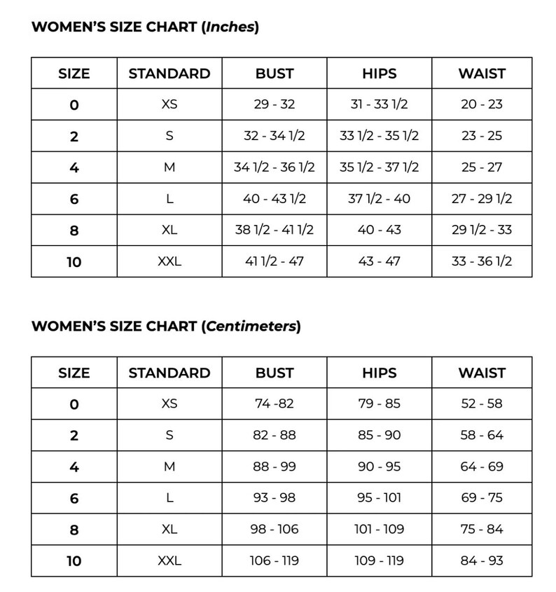 Puede incluir: Una tabla de tallas para mujer en pulgadas y cent&iacute;metros. La tabla incluye tallas de la 0 a la XXL, con medidas de busto, cadera y cintura. Las medidas en cent&iacute;metros var&iacute;an de 74 cm a 119 cm para el busto, 79 cm a 119 cm para la cadera y 52 cm a 93 cm para la cintura.