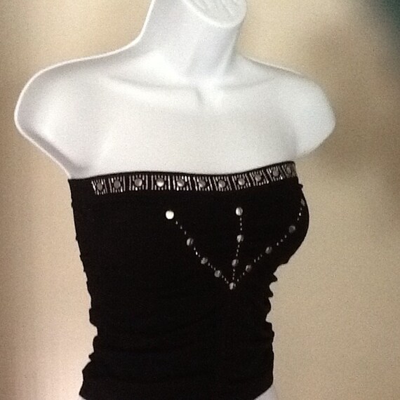 Black Strechy shired knit 70's Tube Top with silv… - image 4