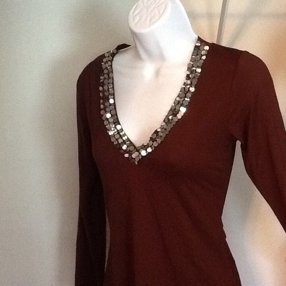 Chocolate Brown knit Top with Sequins around the … - image 2