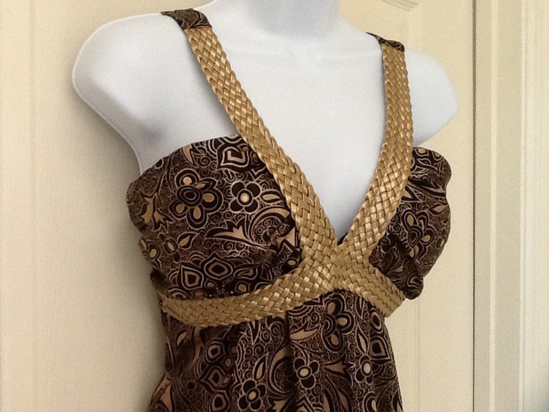 Beautiful Black and Gold Metallic Dress with Faux Woven Gold leather straps
