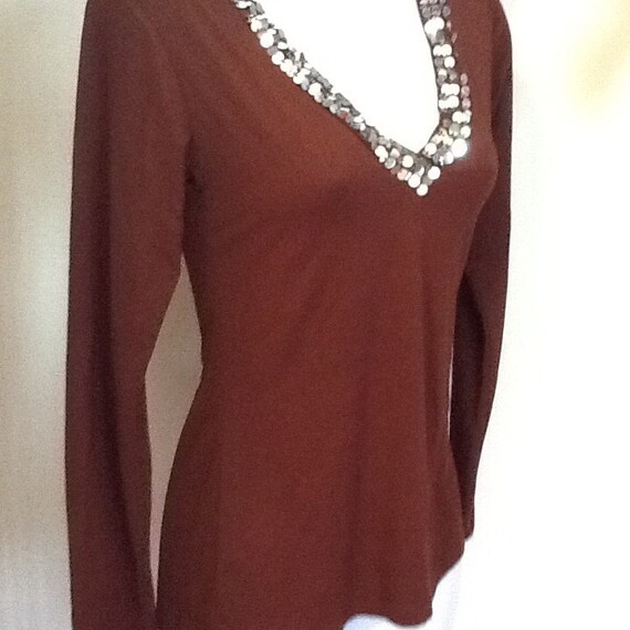 Chocolate Brown knit Top with Sequins around the … - image 1